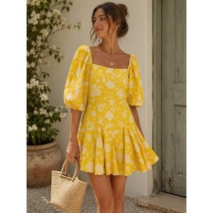 Mille Anais 100% Cotton Yellow Floral Puff-Sleeve Dress